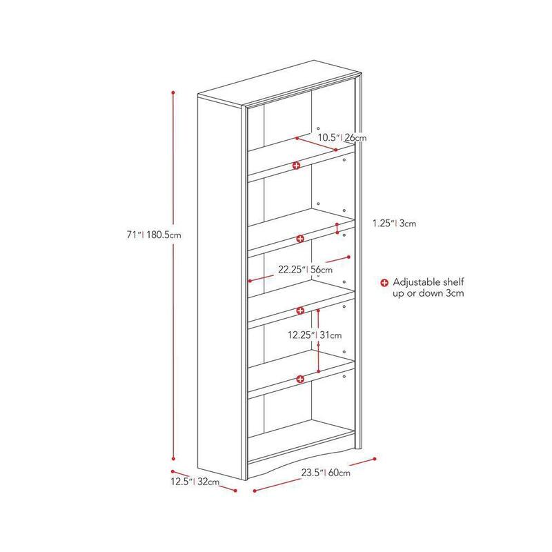 71" Tall 5 Shelf Bookcase Adjustable Shelves White 52 x 63 Bed Bath